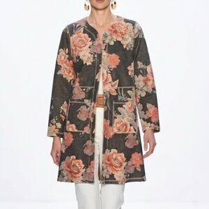 Monarc Anthropologie Floral Duster Cardigan Grey Coral Rose Open Front Pockets M